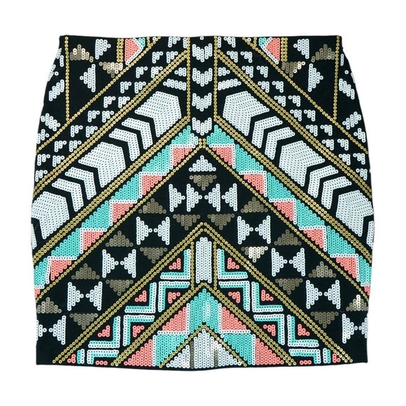 Express Womens Mini Skirt Sequin Tribal Print Geometric Aztec Pink Green Black S - Picture 2 of 3